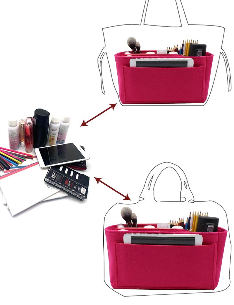 LEXSION Felt Purse Bag Organizer Insert with zipper Bag Tote Shaper Fit Speedy Neverful PM MM, 2-Rosy, Slender Large - Image 5